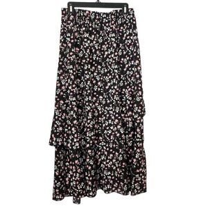 BTBFM Floral Ditsy Tiered Pull On Elastic Waistband Black Pink Maxi Skirt Size L